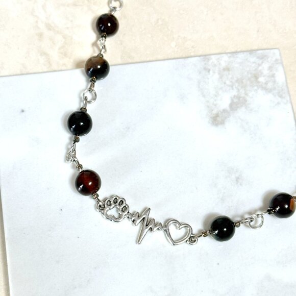 Genuine Dark Brown Agate Necklace, Natural Gemstone & Paw Print Heart Beat Charm - Picture 5 of 14